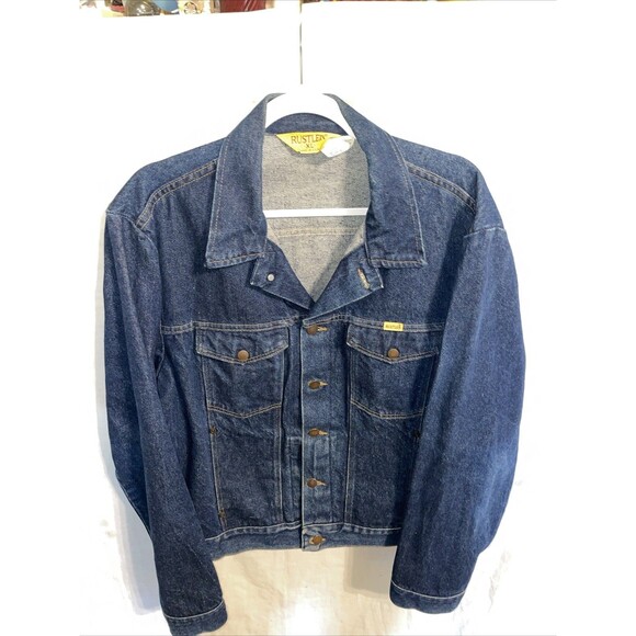 Rustler Vintage 80’s Men’s Jean Jacket Size XL Dark Blue Outdoors Trucker EUC - Picture 1 of 12
